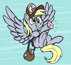 Size: 2172x1968 | Tagged: safe, artist:pirill, derpibooru import, derpy hooves, pegasus, pony, abstract background, cheek fluff, clothes, ear fluff, envelope, female, flying, hat, mailbag, mailmare, mailmare hat, mare, package, smiling, solo, wings, wip