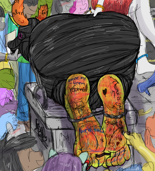 Size: 1086x1200 | Tagged: abuse, anthro, artist:fetishsketches, ass, barefoot, big feet, blushing, body writing, bondage, broken horn, bruised, butt, changedling, changeling, clothes, derpibooru import, feet, fetish, foot fetish, foot torture, gag, horn, horn ring, humiliation, itching powder, king thorax, magic suppression, male, male feet, malesub, mummification, painted toenails, pinkie pie, plantigrade anthro, public, public humiliation, punishment, rear view, ring, semi-grimdark, signature, sitting on person, soles, stapler, staples, submissive, suggestive, sweat, thorabuse, thorass, thorax, thoraxsub, toes, toe tied, torture, underwear, wall of tags, whip marks