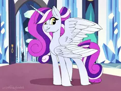 Size: 2048x1536 | Tagged: safe, artist:incendiaryboobs, derpibooru import, princess cadance, twilight sparkle, twilight sparkle (alicorn), alicorn, pony, seraph, seraphicorn, crystal castle, female, four wings, fusion, looking at you, mare, multiple wings, smiling, solo, wings