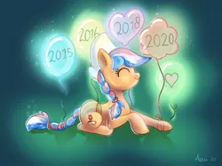 Size: 900x674 | Tagged: safe, artist:avui, derpibooru import, oc, oc:ember, unofficial characters only, earth pony, pony, abstract background, balloon, braid, braided tail, eyes closed, female, hearth's warming con, mare, smiling, solo