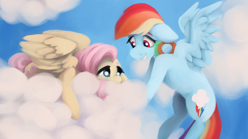 Size: 2560x1440 | Tagged: safe, artist:incendiaryboobs, derpibooru import, fluttershy, rainbow dash, pegasus, pony, cloud, cowering, duo, duo female, encouragement, female, floppy ears, flying, goggles, grin, implied flutterdash, implied lesbian, implied shipping, looking at each other, mare, mood contrast, on a cloud, prone, sky, smiling, spread wings, wings