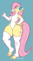 Size: 532x976 | Tagged: alternate version, anthro, artist:0r0ch1, blue background, breasts, clothes, delicious flat chest, derpibooru import, evening gloves, feet, female, fingerless elbow gloves, fingerless gloves, flattershy, fluttershy, flutterthighs, gloves, leg warmers, leotard, long gloves, plantigrade anthro, sigh, signature, simple background, solo, solo female, suggestive, thighs, thunder thighs, wide hips