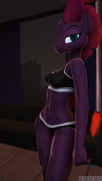 Size: 1080x1920 | Tagged: suggestive, artist:foxventus, derpibooru import, fizzlepop berrytwist, tempest shadow, anthro, unicorn, 3d, abs, apartment, belly button, breasts, broken horn, clothes, female, horn, lidded eyes, looking at you, midriff, signature, smiling, solo, solo female, sports bra, sports panties