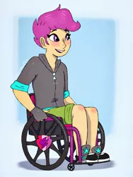 Size: 1536x2047 | Tagged: safe, artist:incendiaryboobs, derpibooru import, scootaloo, equestria girls, clothes, cutie mark, cutie mark on vehicle, disabled, female, fingerless gloves, gloves, open mouth, smiling, solo, the cmc's cutie marks, tumblr nose, wheelchair