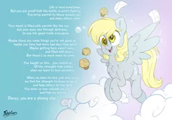 Size: 5000x3500 | Tagged: safe, artist:fluffyxai, derpibooru import, derpy hooves, pegasus, pony, bubble, chest fluff, cloud, cute, derpy day, derpy day 2020, female, flying, food, inspirational, letter, mail, mare, muffin, smiling, text
