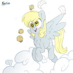 Size: 3500x3500 | Tagged: safe, artist:fluffyxai, derpibooru import, derpy hooves, pegasus, pony, bubble, cute, derpabetes, derpy day, derpy day 2020, female, flying, food, letter, male, mare, muffin, simple background, smiling, transparent background