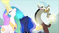 Size: 1667x939 | Tagged: cropped, derpibooru import, discord, glowing horn, horn, magic, nose in the air, powering up, princess celestia, princess luna, royal sisters, safe, screencap, the ending of the end, trio