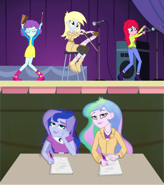 Size: 1024x1155 | Tagged: safe, derpibooru import, edit, screencap, blueberry pie, derpy hooves, princess celestia, princess luna, raspberry fluff, equestria girls, rainbow rocks, bell, cowbell, female, microphone, musical instrument, musical saw, principal celestia, the muffins, triangle, vice principal luna