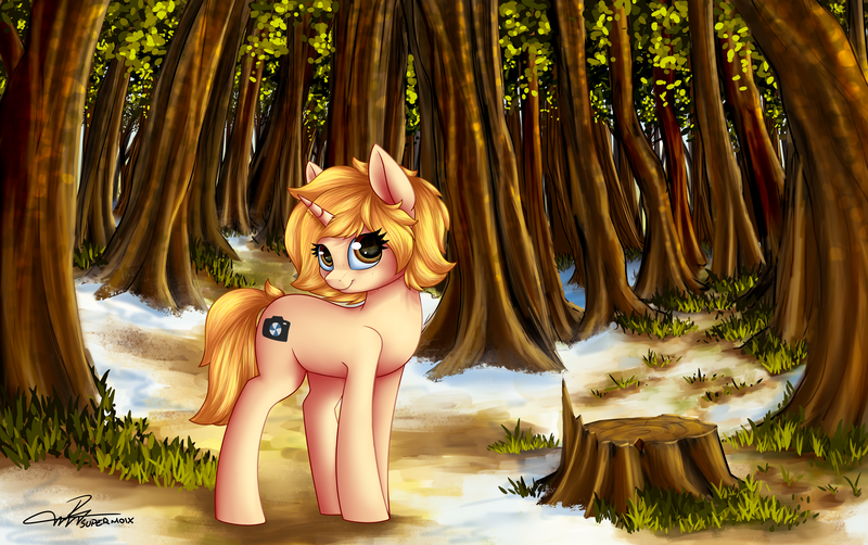 Size: 4500x2823 | Tagged: safe, artist:supermoix, derpibooru import, oc, oc:pia, unofficial characters only, pony, unicorn, beautiful, complex background, cute, female, forest, forest background, grass, mare, scenery, scenery porn, solo, tree stump