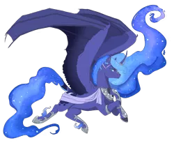Size: 3300x2700 | Tagged: safe, artist:t3ssrina, derpibooru import, princess luna, alicorn, pony, armored shin guards, bat wings, ethereal fetlocks, ethereal mane, ethereal tail, female, flying, hoof on chest, horn, horn guard, hybrid wings, mare, peytral, redesign, sash, simple background, slit eyes, smiling, solo, spread wings, starry mane, transparent background, wings