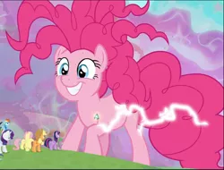 Size: 1244x943 | Tagged: alicorn, applejack, bell, chaos pinkie, cropped, derpibooru import, dragon, faic, fluttershy, grogar's bell, lightning, mane seven, mane six, pinkie pie, rainbow dash, rarity, safe, screencap, smiling, solo focus, spike, the ending of the end, twilight sparkle, twilight sparkle (alicorn), winged spike