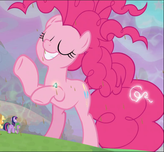 Size: 1018x941 | Tagged: alicorn, applejack, bell, chaos pinkie, chocolate, chocolate rain, cropped, derpibooru import, dragon, eyes closed, faic, food, grogar's bell, pinkie pie, rain, safe, screencap, solo focus, spike, the ending of the end, twilight sparkle, twilight sparkle (alicorn), winged spike
