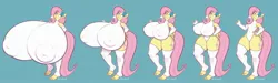 Size: 2583x774 | Tagged: suggestive, alternate version, artist:0r0ch1, derpibooru import, fluttershy, anthro, bat pony, plantigrade anthro, areola outline, big breasts, blue background, breast expansion, breasts, busty fluttershy, clothes, delicious flat chest, erect nipples, evening gloves, feet, female, fingerless elbow gloves, fingerless gloves, flattershy, flutterbat, flutterthighs, gloves, growth, huge breasts, hyper, hyper breasts, impossibly large breasts, leg warmers, leotard, long gloves, nipple outline, race swap, sequence, sigh, signature, simple background, solo, solo female, thighs, thunder thighs, wide hips