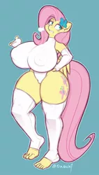 Size: 560x984 | Tagged: suggestive, alternate version, artist:0r0ch1, derpibooru import, fluttershy, anthro, bat pony, plantigrade anthro, areola outline, big breasts, blue background, breasts, busty fluttershy, clothes, erect nipples, evening gloves, feet, female, fingerless elbow gloves, fingerless gloves, flutterbat, flutterthighs, gloves, huge breasts, impossibly large breasts, leg warmers, leotard, long gloves, nipple outline, race swap, sigh, signature, simple background, solo, solo female, thighs, thunder thighs, wide hips