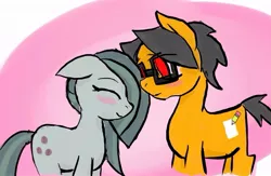 Size: 881x575 | Tagged: safe, artist:a.s.e, derpibooru import, marble pie, oc, oc:a.s.e, canon x oc, couple, female, glasses, happy, male, mare, pink background, shipping, simple background, smiling, stallion, together