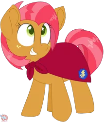 Size: 1408x1633 | Tagged: safe, artist:rainbow eevee, derpibooru import, babs seed, earth pony, pony, adorababs, apple family member, cape, clothes, cousin, crusader, cute, cutie mark crusaders patch, fantasy class, female, filly, freckles, green eyes, knight, looking up, paladin, simple background, smiling, solo, transparent background, vector, warrior