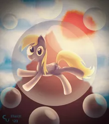 Size: 4242x4835 | Tagged: safe, artist:cosmikvek, derpibooru import, derpy hooves, pegasus, pony, bubble, derpy day, derpy day 2020, floating, looking at you, mountain, sky, smiling, solo, sun