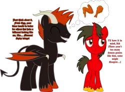 Size: 3264x2397 | Tagged: safe, artist:shadymeadow, derpibooru import, oc, oc:flaring ash, oc:fried egg, demon, demon pony, original species, pony, unicorn, food, male, meat, ponies eating meat, simple background, stallion, thought bubble, transparent background