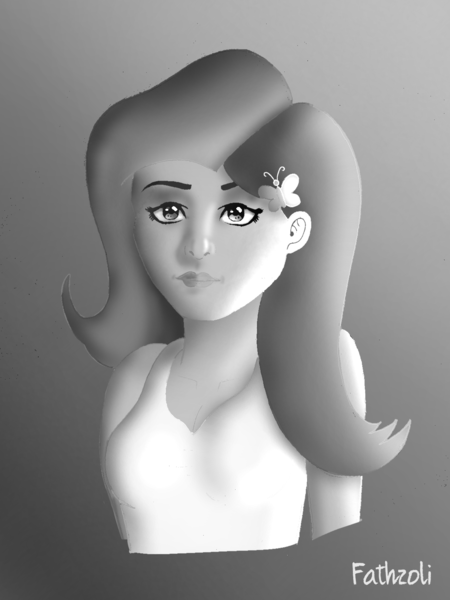 Size: 1200x1600 | Tagged: safe, artist:fathzoli, derpibooru import, fluttershy, human, equestria girls, beautiful, black and white, bust, cute, gradient background, grayscale, halfbody, looking at you, monochrome, painting, portrait, simple background