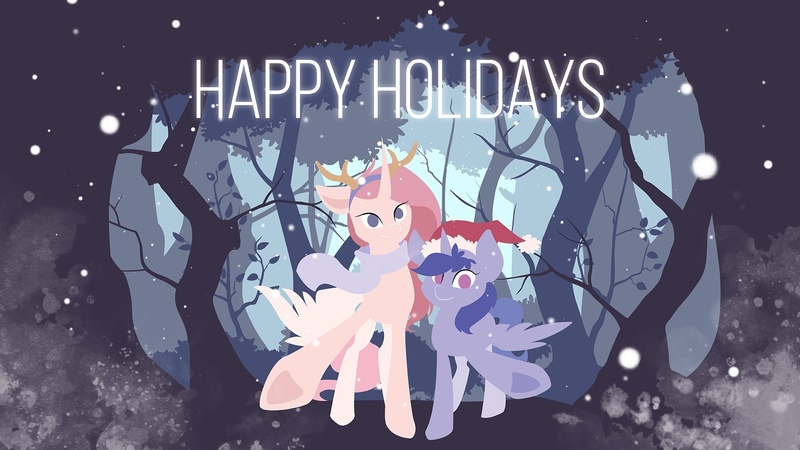 Size: 1920x1080 | Tagged: artist needed, safe, derpibooru import, oc, oc:iris, oc:lilyana, unofficial characters only, alicorn, pony, alicorn oc, antlers, christmas, clothes, duo, female, forest, hat, holiday, horn, looking at you, mare, reindeer antlers, santa hat, scarf, smiling, snow, snowfall, spread wings, starved for light, tree, underhoof, wings, winter