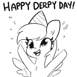 Size: 2250x2250 | Tagged: safe, artist:tjpones, derpibooru import, derpy hooves, pegasus, pony, chest fluff, confetti, derpy day, derpy day 2020, female, grayscale, mare, monochrome, open mouth, simple background, solo, white background