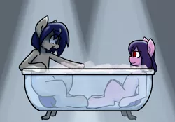 Size: 2608x1812 | Tagged: suggestive, artist:spheedc, derpibooru import, oc, oc:bolly, oc:paul, unofficial characters only, earth pony, bath, bathtub, claw foot bathtub, digital art, male, pointing, shocked, simple background, stallion, suds, x-ray