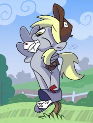 Size: 2262x3000 | Tagged: safe, artist:coaldustthestrange, derpibooru import, derpy hooves, pegasus, pony, cute, derpabetes, derpy day, derpy day 2020, female, hat, high res, letter, looking at you, mail, mailbag, mailbox, mailmare, mailmare hat, mare, mouth hold, one eye closed, perching, scenery, smiling, solo, wink