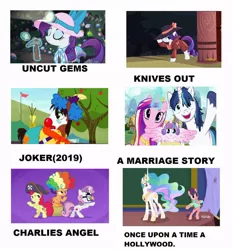 Size: 862x927 | Tagged: a flurry of emotions, a marriage story, apple bloom, appleoosa's most wanted, artist:brandonale, charlie's angels, cutie mark crusaders, derpibooru import, dragon dropped, hard to say anything, horse play, joker (2019), knives out, once upon a time in hollywood, princess cadance, princess celestia, princess flurry heart, rarity, rarity investigates, raspberry beret, safe, scootaloo, shining armor, sweetie belle, trouble shoes, uncut gems