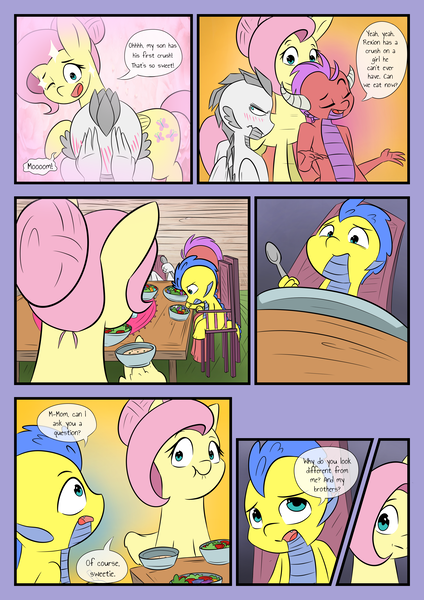 Size: 2893x4092 | Tagged: safe, artist:mustachedbain, derpibooru import, fluttershy, oc, oc:august, oc:izen, oc:rexion, dragon, pegasus, pony, comic:my dragon children, blushing, comic, older, older fluttershy