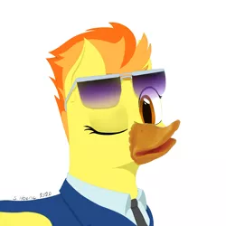 Size: 1500x1500 | Tagged: safe, artist:shoophoerse, derpibooru import, edit, spitfire, bird, duck, duck pony, pegasus, pony, clothes, duck bill, looking at you, one eye closed, quackfire, signature, simple background, solo, sunglasses, uniform, white background, wink, winking at you, wonderbolts dress uniform