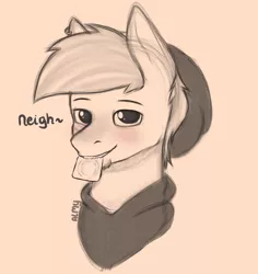 Size: 2124x2250 | Tagged: suggestive, artist:almond evergrow, derpibooru import, oc, oc:almond evergrow, earth pony, pony, beanie, bedroom eyes, blushing, bust, clothes, condom, condom in mouth, ear piercing, earring, facial hair, goatee, hat, hoodie, jewelry, male, mouth hold, neigh, piercing, portrait, sketch, smiling, smirk, solo, stallion