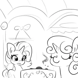 Size: 3707x3707 | Tagged: safe, artist:tjpones, derpibooru import, rarity, sweetie belle, pony, unicorn, sisterhooves social, bread, cooking, female, food, grayscale, mare, monochrome, scene interpretation, siblings, simple background, sisters, sweetie belle can't cook, sweetie fail, toast, white background