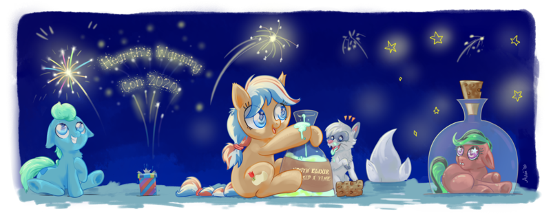 Size: 3936x1572 | Tagged: safe, artist:avui, derpibooru import, oc, oc:ember, oc:glace, oc:glace(hwcon), oc:mrscruffles, oc:shortfuse, unofficial characters only, earth pony, pony, fireworks, hearth's warming con, hearths warming con, hwcon2020, mug, potion