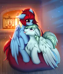 Size: 1080x1280 | Tagged: safe, artist:shoggoth-tan, derpibooru import, oc, unofficial characters only, pegasus, pony, beanbag chair, blushing, chest fluff, cuddling, cute, duo, ear fluff, female, fire, fireplace, floppy ears, fluffy, male, mare, stallion, tongue out, wings