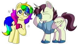 Size: 1280x753 | Tagged: safe, artist:rainbowtashie, author:bigonionbean, derpibooru import, donut joe, soarin', oc, oc:quick coffee, oc:rainbow tashie, earth pony, pegasus, pony, unicorn, clothes, coffee, coffee mug, commissioner:bigonionbean, cutie mark, energetic, facehoof, female, fusion, fusion:quick coffee, male, mare, mug, nintendo 64, not an alicorn, shaking, simple background, stallion, transparent background