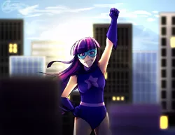 Size: 1024x791 | Tagged: armpits, artist:esmeralda0art, derpibooru import, fist pump, grin, human, humanized, magic gaia, safe, smiling, superhero, twilight sparkle