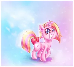 Size: 1140x1035 | Tagged: safe, artist:avui, derpibooru import, oc, oc:freckles, unofficial characters only, unicorn, bow, pink, smiling, solo, tail bow