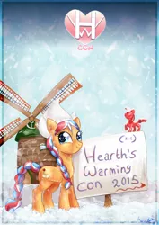 Size: 827x1169 | Tagged: safe, artist:avui, derpibooru import, oc, oc:ember, unofficial characters only, earth pony, pony, braid, dutch, female, hearth's warming con, hearths warming con, mare, snow, solo, windmill