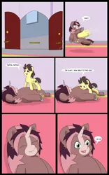 Size: 5000x8000 | Tagged: safe, artist:chedx, author:bigonionbean, derpibooru import, oc, oc:king speedy hooves, oc:tommy the human, alicorn, pony, comic:the fusion flashback, alicorn oc, alicornified, child, colt, comic, commissioner:bigonionbean, confused, confusion, cute, cute moments, dawwww, dialogue, door, father and child, father and son, fusion, fusion:king speedy hooves, horn, hug, knocking, living room, male, nani, race swap, tackle, thought bubble, wings