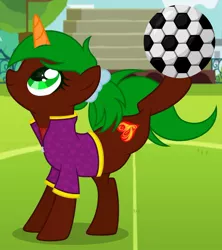 Size: 1280x1439 | Tagged: safe, artist:razorbladetheunicron, derpibooru import, oc, oc:razor blade, unofficial characters only, pony, unicorn, alternate mane style, base used, bow, clothes, colored horn, hair bow, horn, jacket, ponytail, soccer field, solo, zipper