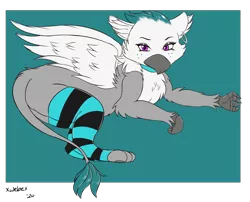 Size: 2334x1887 | Tagged: safe, derpibooru import, oc, oc:izzy, unofficial characters only, gryphon, choker, clothes, female, goth, piercing, side, simple background, socks, solo, striped socks, thigh highs