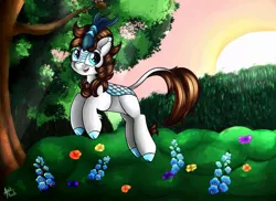 Size: 1280x930 | Tagged: safe, artist:appleneedle, derpibooru import, oc, kirin, pony, spoiler:s09, art, brony, bush, commission, digital, digital art, digital drawing, digital painting, draw, drawing, finished commission, flower, fun, happiness, jumping, kirin oc, nature, paint, painting, sun, sunrise, tree