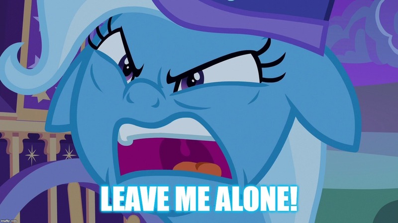 Size: 1280x720 | Tagged: caption, derpibooru import, edit, edited screencap, floppy ears, image macro, meme, safe, screencap, solo, text, to where and back again, trixie, trixie's wagon, trixie yells at everything