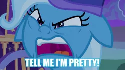 Size: 1280x720 | Tagged: caption, derpibooru import, edit, edited screencap, floppy ears, image macro, meme, safe, screencap, solo, text, to where and back again, trixie, trixie's wagon, trixie tang, trixie yells at everything