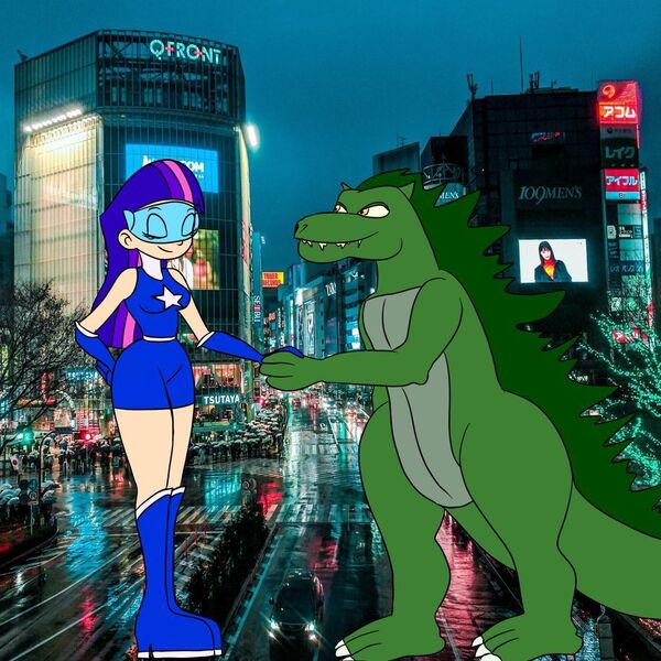 Size: 1024x1024 | Tagged: artist:sanakito, derpibooru import, eyes closed, female, giantess, godzilla, godzilla (series), handshake, human, humanized, kaiju, macro, magic gaia, safe, smiling, superhero, tokyo, twilight sparkle