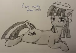 Size: 3171x2207 | Tagged: suggestive, artist:l1ght, derpibooru import, twilight sparkle, pony, unicorn, bedroom eyes, black and white, candy, candy cane, christmas, christmas theme, food, grayscale, hat, holiday, hooves, looking at you, lying down, monochrome, pencil drawing, pun, santa hat, smiling, solo, traditional art, unicorn twilight