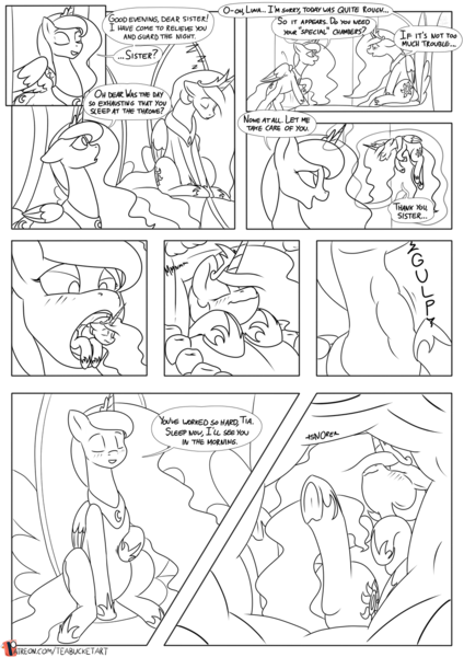 Size: 955x1350 | Tagged: suggestive, artist:teabucket, deleted from derpibooru, derpibooru import, princess celestia, princess luna, alicorn, pony, comic, dialogue, duo, endosoma, fetish, frog (hoof), gulp, lunapred, mawshot, micro, monochrome, non-fatal vore, onomatopoeia, open mouth, oral vore, patreon, patreon logo, royal sisters, shrinking, sleeping, soft vore, sound effects, underhoof, vore, wholesome vore, willing vore, zzz