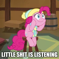 Size: 500x502 | Tagged: safe, derpibooru import, edit, edited screencap, screencap, pinkie pie, earth pony, pony, best gift ever, caption, clothes, cropped, image macro, impact font, meme, reaction image, sitting, solo, text, vulgar, winter outfit