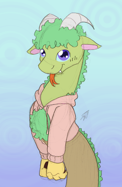 Size: 513x784 | Tagged: safe, artist:ravenpuff, deleted from derpibooru, derpibooru import, oc, oc:floofy (ravenpuff), draconequus, ambiguous gender, clothes, open-chest sweater, solo, sweater, tongue out
