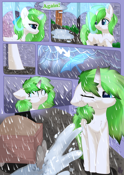 Size: 800x1131 | Tagged: safe, artist:alphadesu, derpibooru import, oc, oc:minty root, unofficial characters only, pony, unicorn, comic:sisterly love, comic, ear fluff, female, floppy ears, glowing horn, hooves, horn, lightning, magic, magical umbrella, mare, one eye closed, outdoors, rain, tree, umbrella, walking, water, wet, wet mane